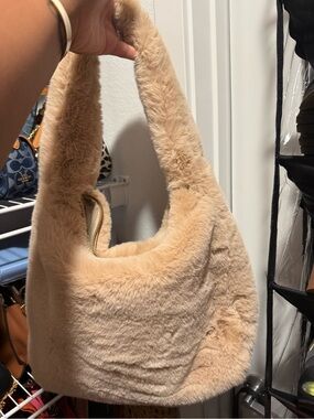 Plush Faux Fur Shoulder Bag in Beige